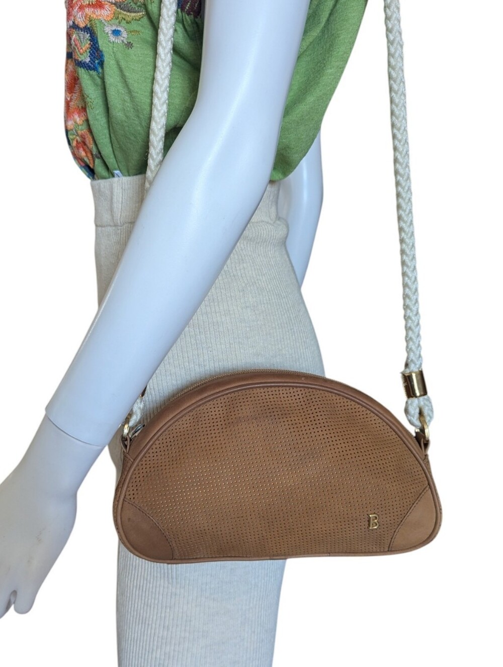 vintage Bally half-moon shoulder bag made of tan perforated suede leather